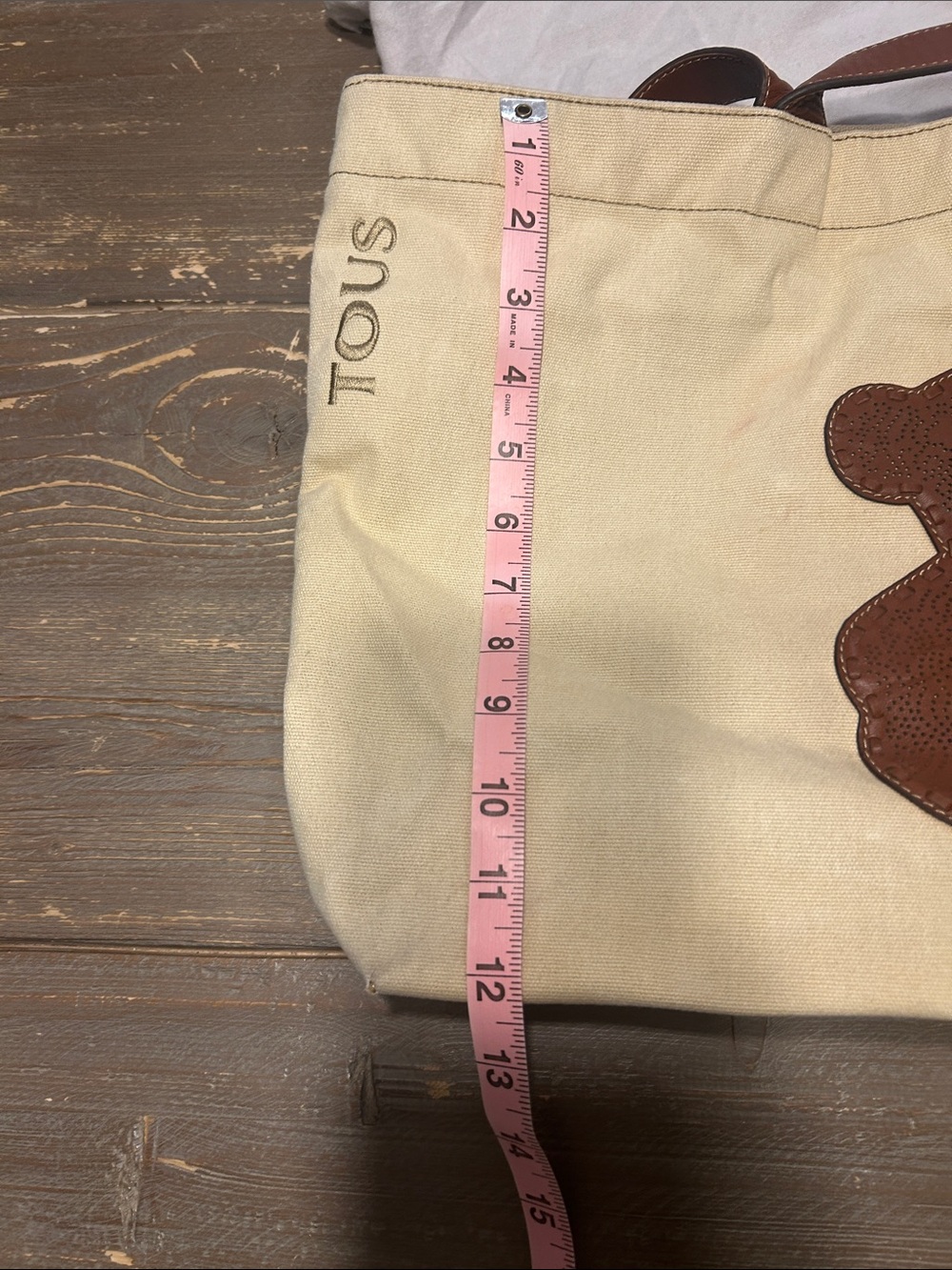 TOUS Cream Canvas Tote with Brown Leather Bear Appliqué - Picture 13 of 14